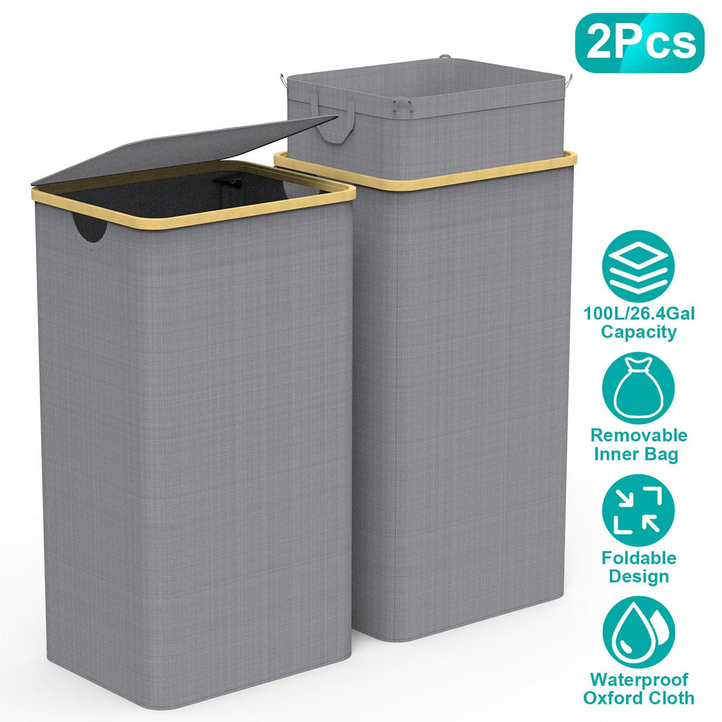 Large Foldable Laundry Hamper with Lid— 90L / 23.8 Gal, Dove Gray