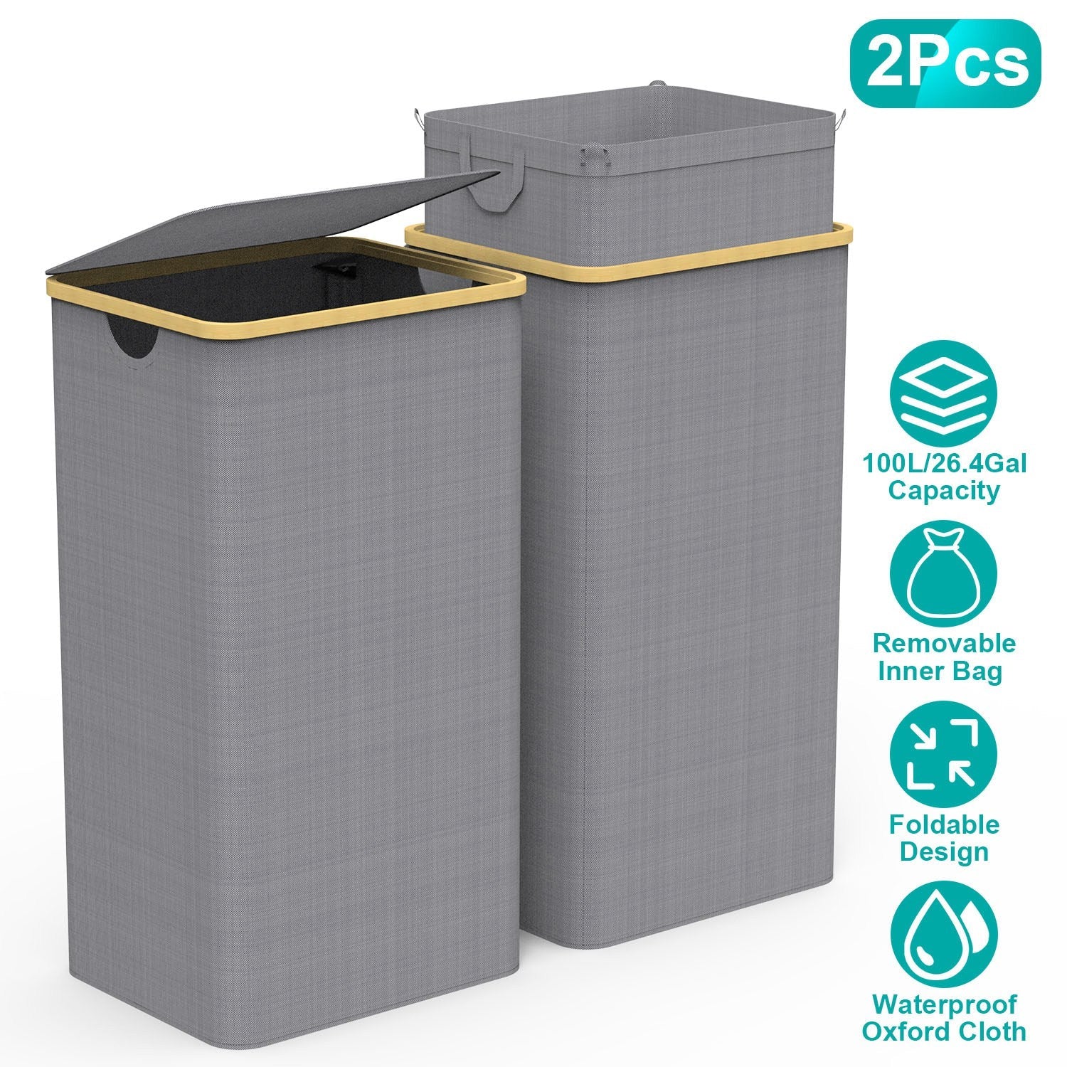 Large Foldable Laundry Hamper with Lid— 90L / 23.8 Gal, Dove Gray