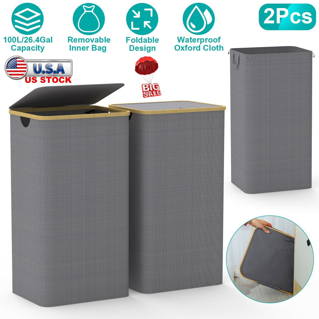 Large Foldable Laundry Hamper with Lid— 90L / 23.8 Gal, Dove Gray