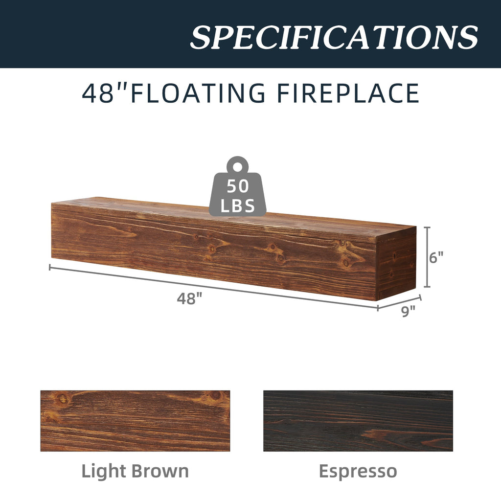 48" Rustic Wood Fireplace Mantel Shelf — Wall-Mounted