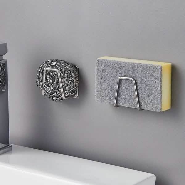 Stainless Steel Sink Sponge Holder — Self-Adhesive with Drain Rack
