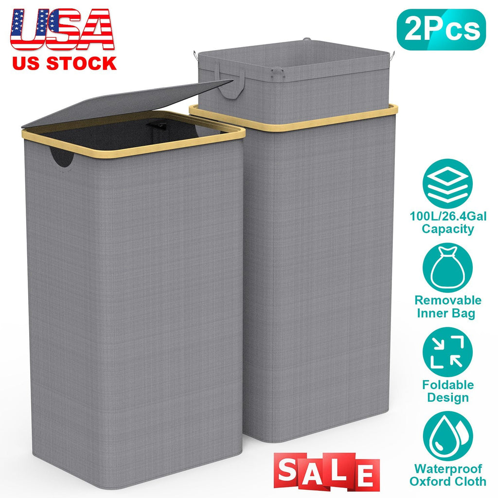 Large Foldable Laundry Hamper with Lid— 90L / 23.8 Gal, Dove Gray