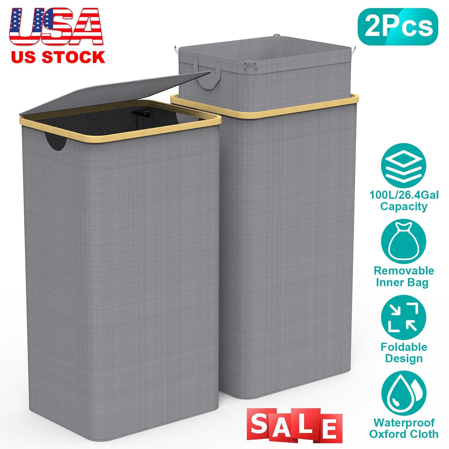 Large Foldable Laundry Hamper with Lid— 90L / 23.8 Gal, Dove Gray