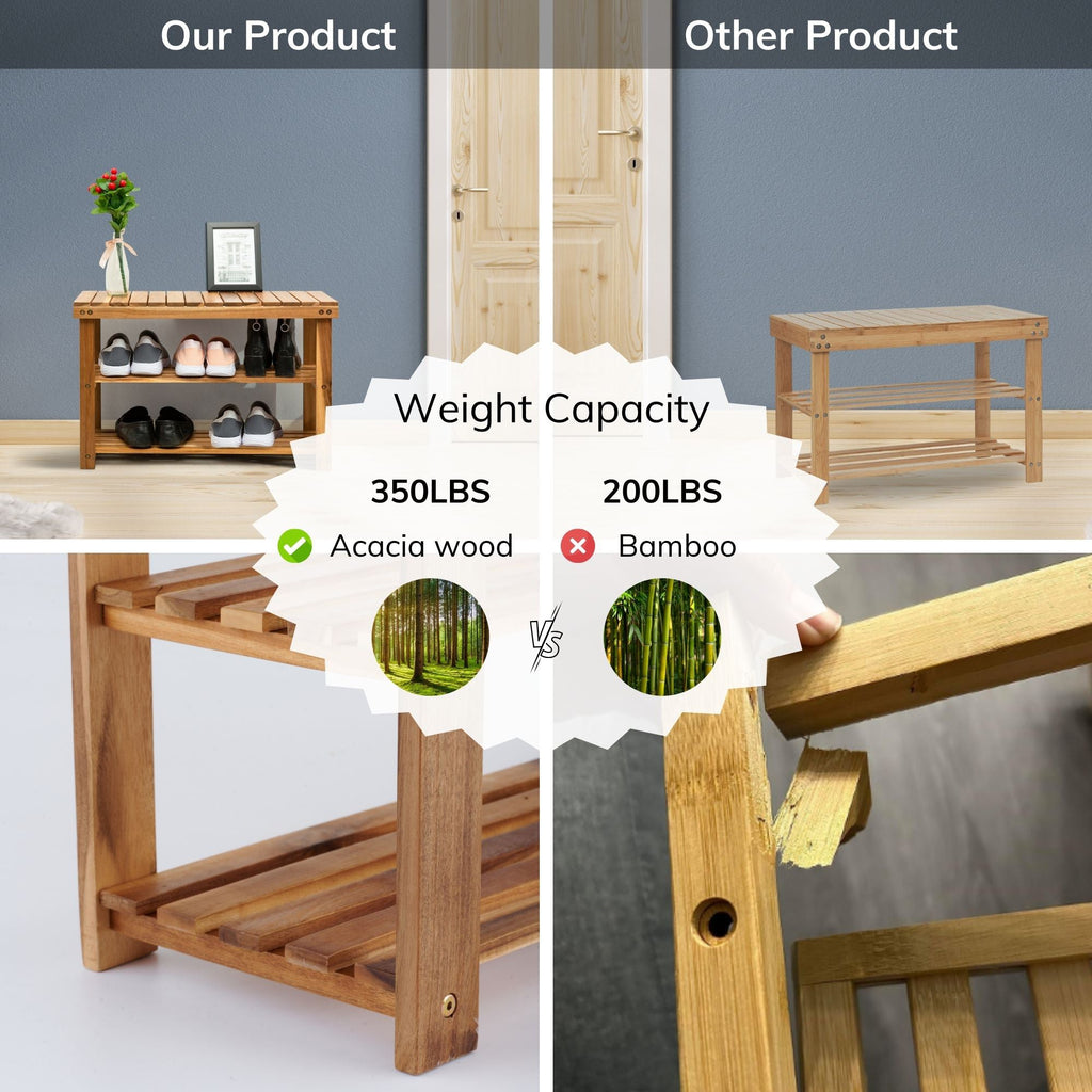 Acacia Wood Shoe Rack Bench — Holds Up to 200 lbs