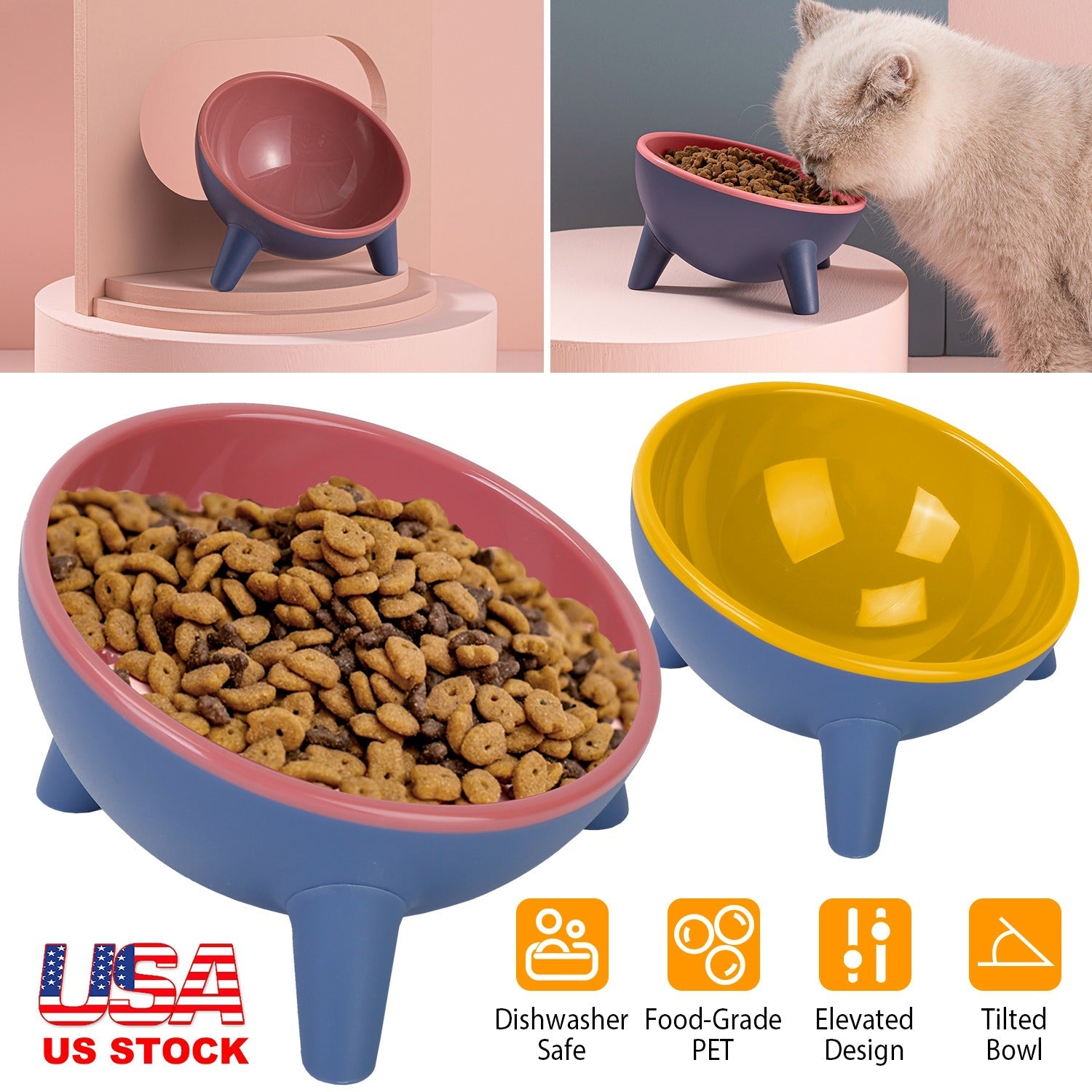 Elevated Tilted Cat Food & Water Bowl — Backflow Prevention