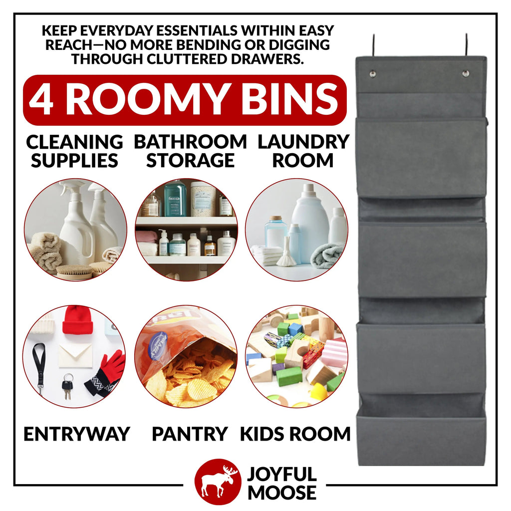 Over the Door Hanging Organizer — 4 Bins, Grey