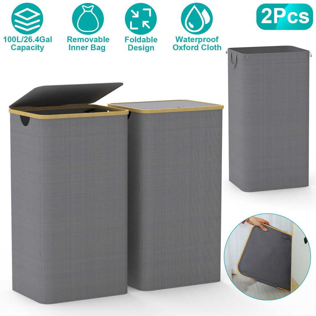 Large Foldable Laundry Hamper with Lid— 90L / 23.8 Gal, Dove Gray