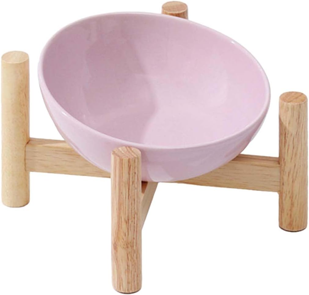 Elevated Ceramic Cat Bowl with Wooden Stand — Anti-Slip