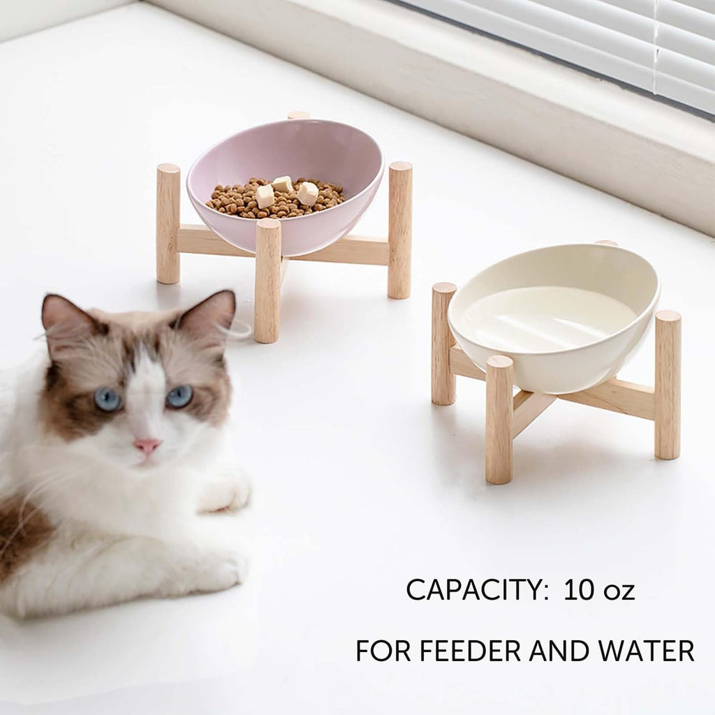 Elevated Ceramic Cat Bowl with Wooden Stand — Anti-Slip