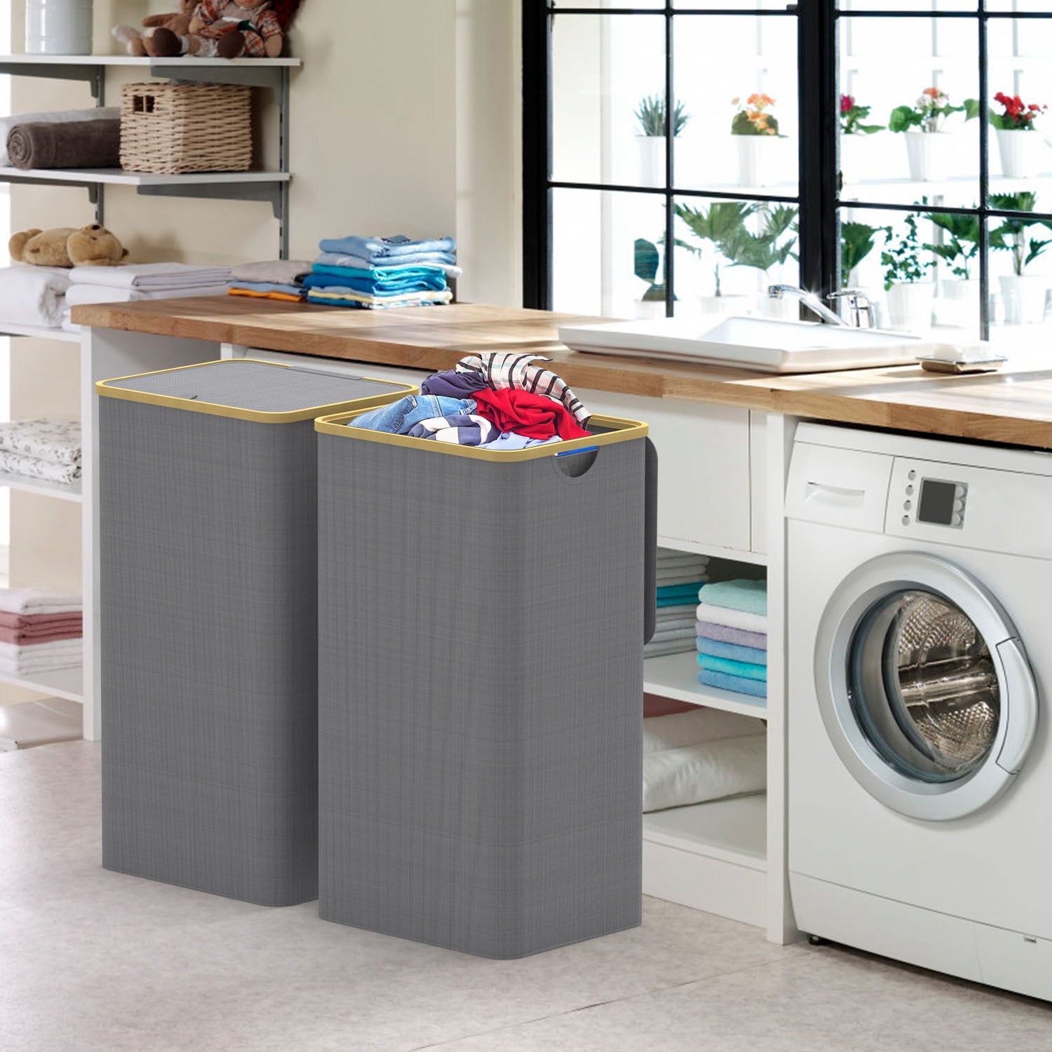 Large Foldable Laundry Hamper with Lid— 90L / 23.8 Gal, Dove Gray