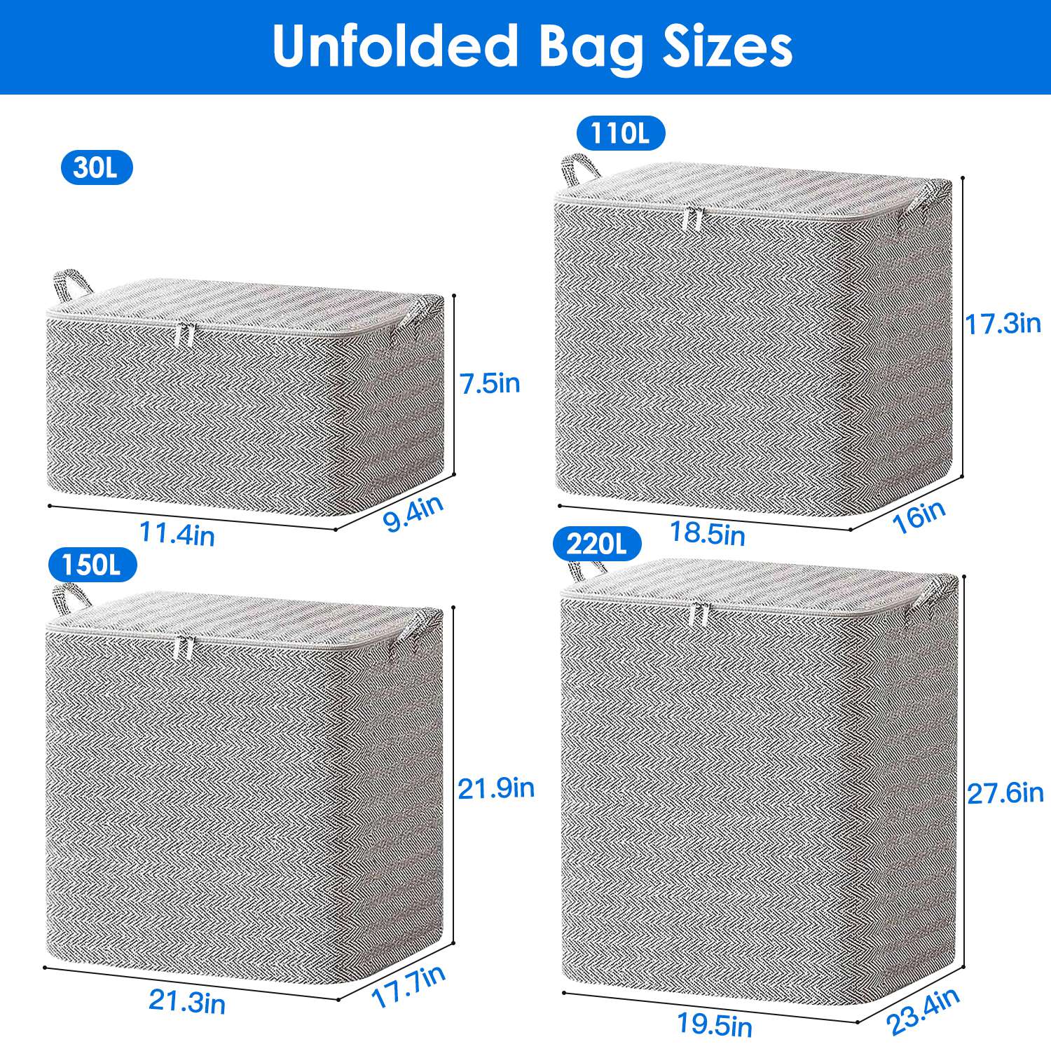 4-Pack Foldable Non-Woven Storage Bags with Zipper Lid