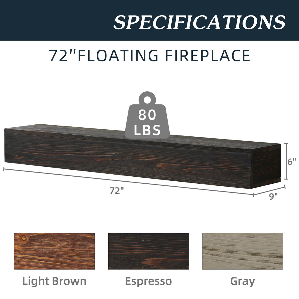 72" Rustic Wood Fireplace Mantel Shelf — Wall-Mounted, Espresso