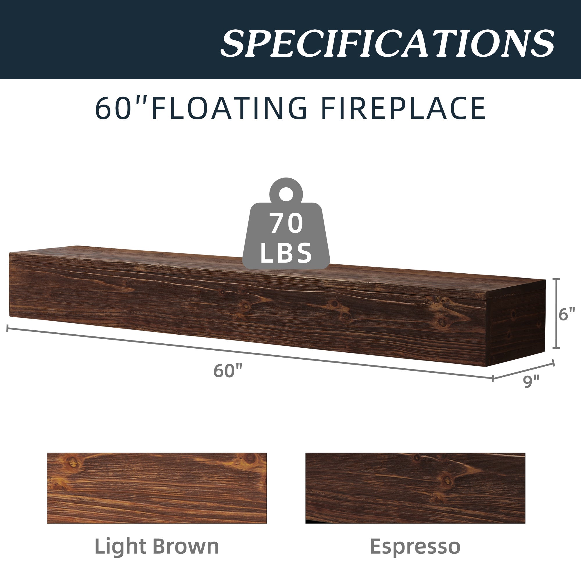 60" Rustic Wood Fireplace Mantel Shelf — Wall-Mounted, Espresso & Solid Wood