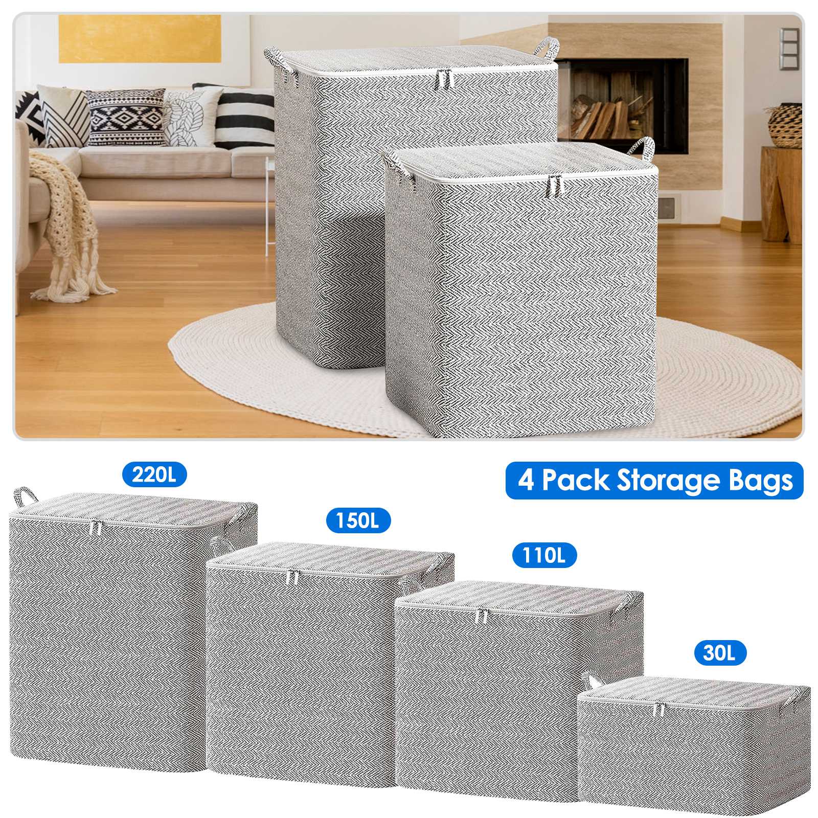 4-Pack Foldable Non-Woven Storage Bags with Zipper Lid