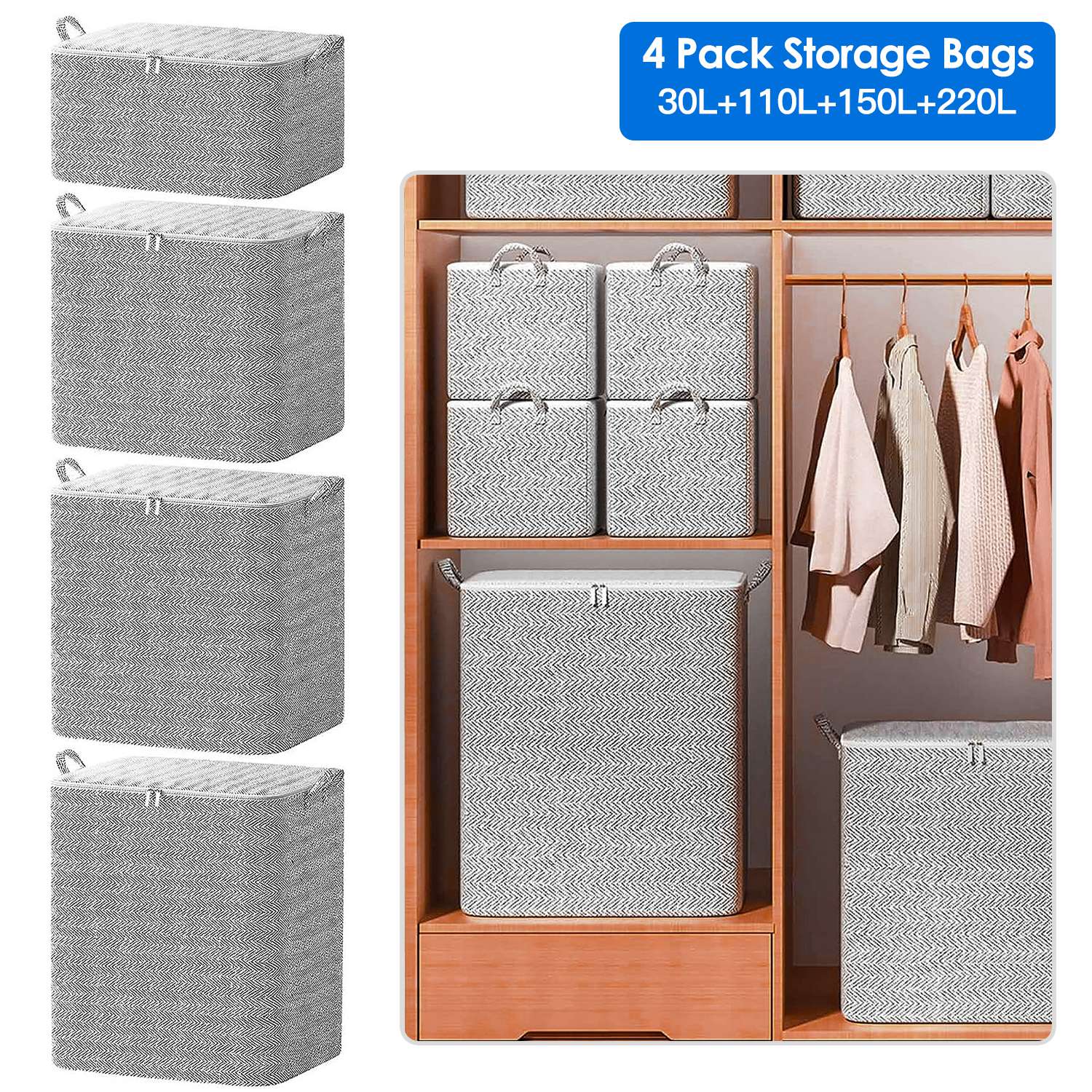 4-Pack Foldable Non-Woven Storage Bags with Zipper Lid