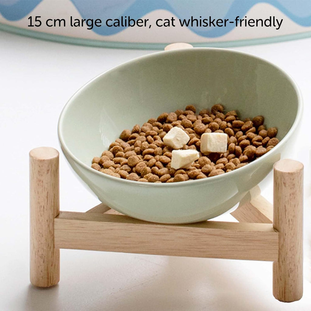 Elevated Ceramic Cat Bowl with Wooden Stand — Anti-Slip