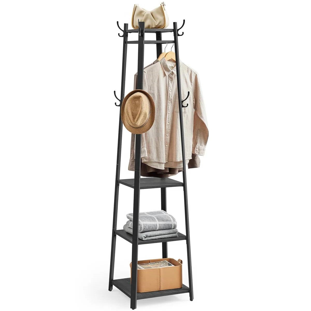 Modern Farmhouse Hall Tree — Black Metal Frame with Grey Wood Shelves