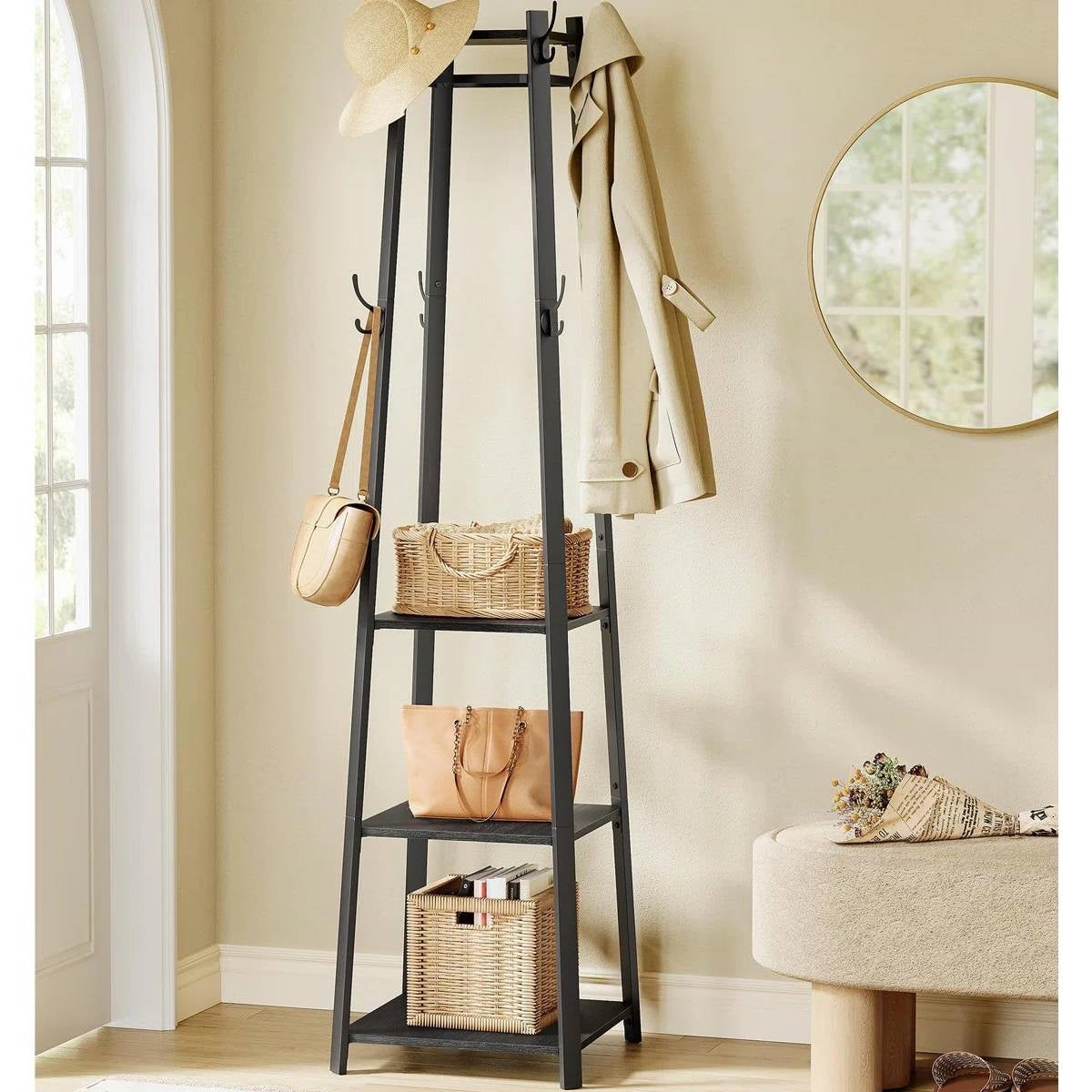 Modern Farmhouse Hall Tree — Black Metal Frame with Grey Wood Shelves