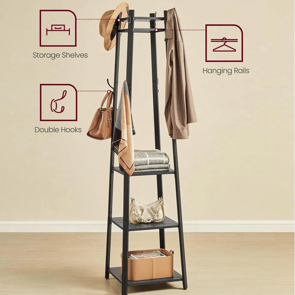 Modern Farmhouse Hall Tree — Black Metal Frame with Grey Wood Shelves