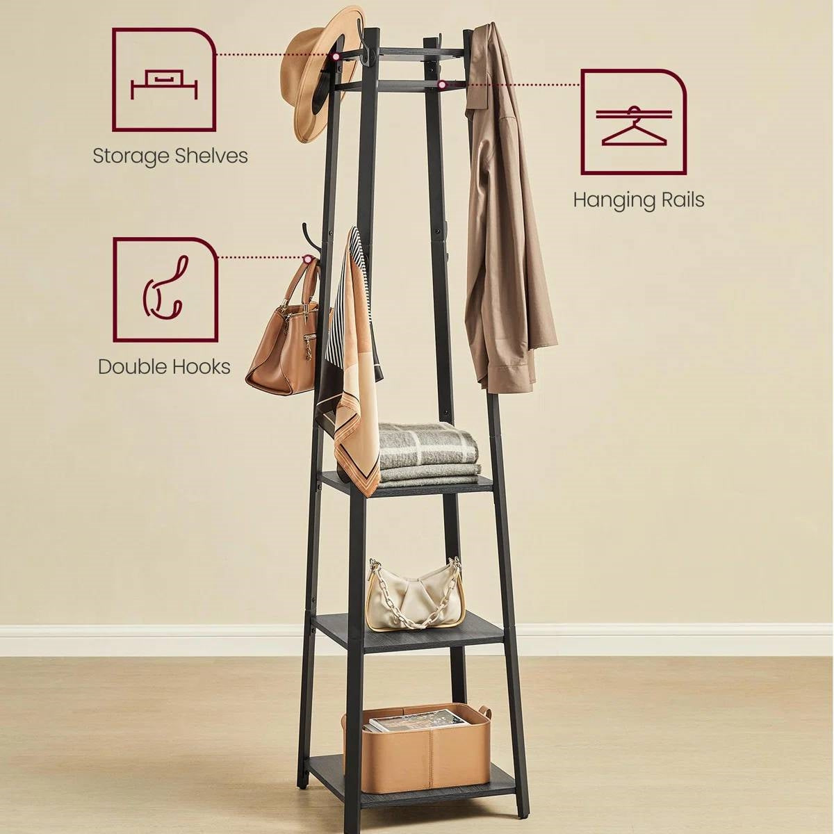 Modern Farmhouse Hall Tree — Black Metal Frame with Grey Wood Shelves