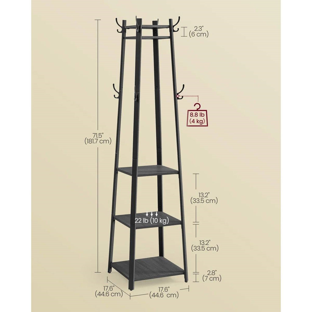 Modern Farmhouse Hall Tree — Black Metal Frame with Grey Wood Shelves