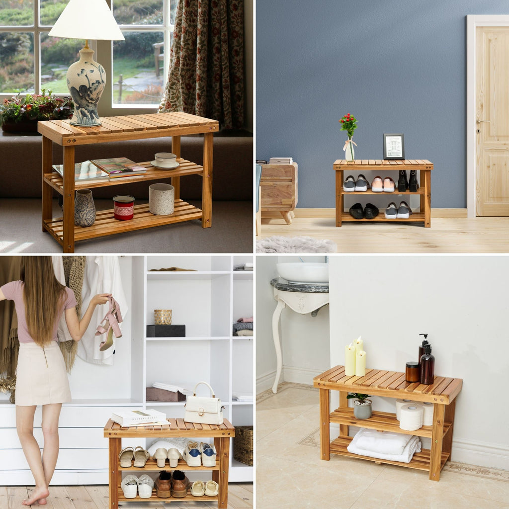 Acacia Wood Shoe Rack Bench — Holds Up to 200 lbs