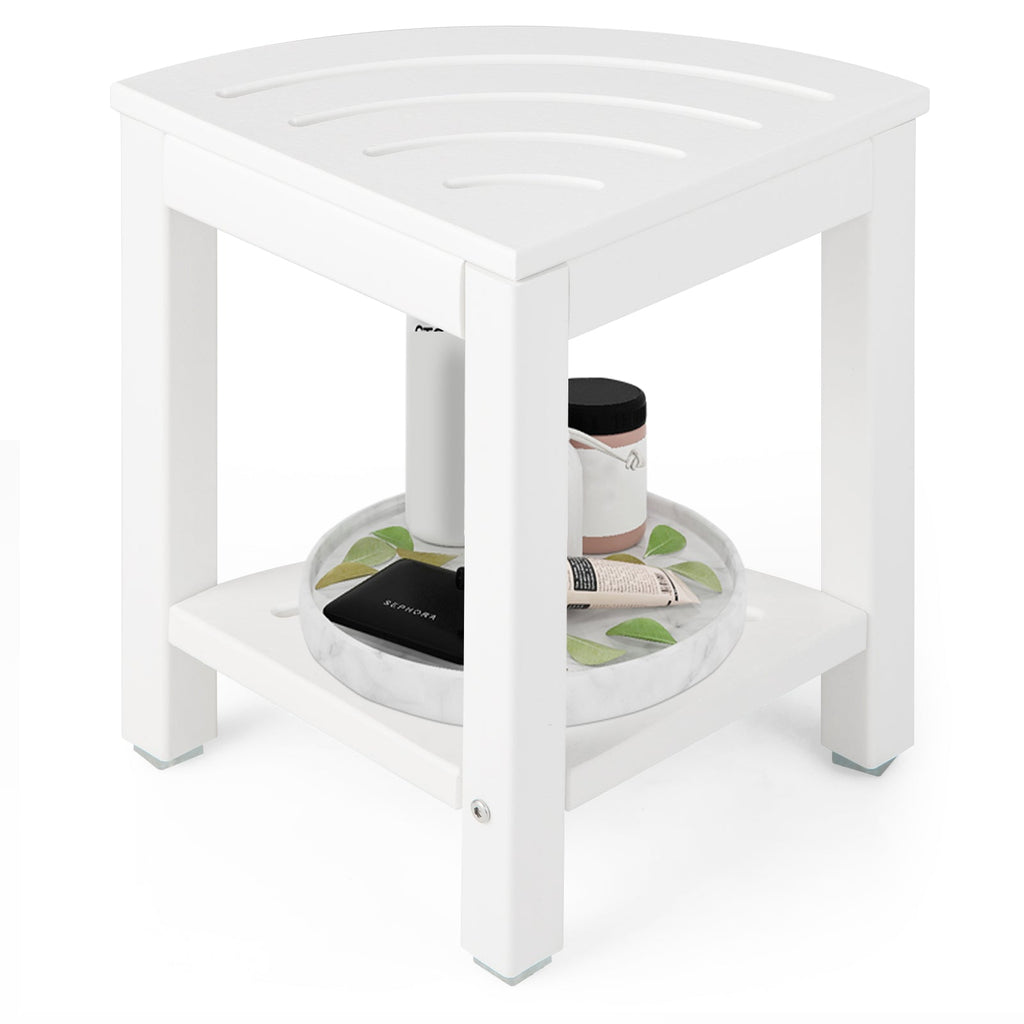 Heavy Duty Corner Shower Bench Stool with Storage Shelf for Shaving Legs-White
