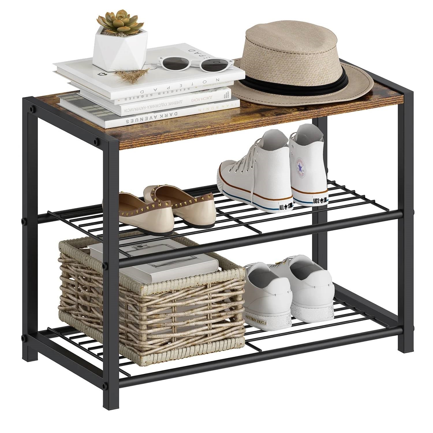 2-Shelf Entryway Shoe Rack Bench — Black Metal & Brown Wood