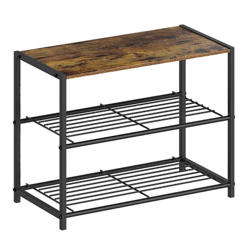 2-Shelf Entryway Shoe Rack Bench — Black Metal & Brown Wood