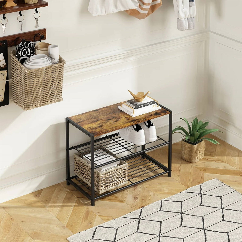 2-Shelf Entryway Shoe Rack Bench — Black Metal & Brown Wood