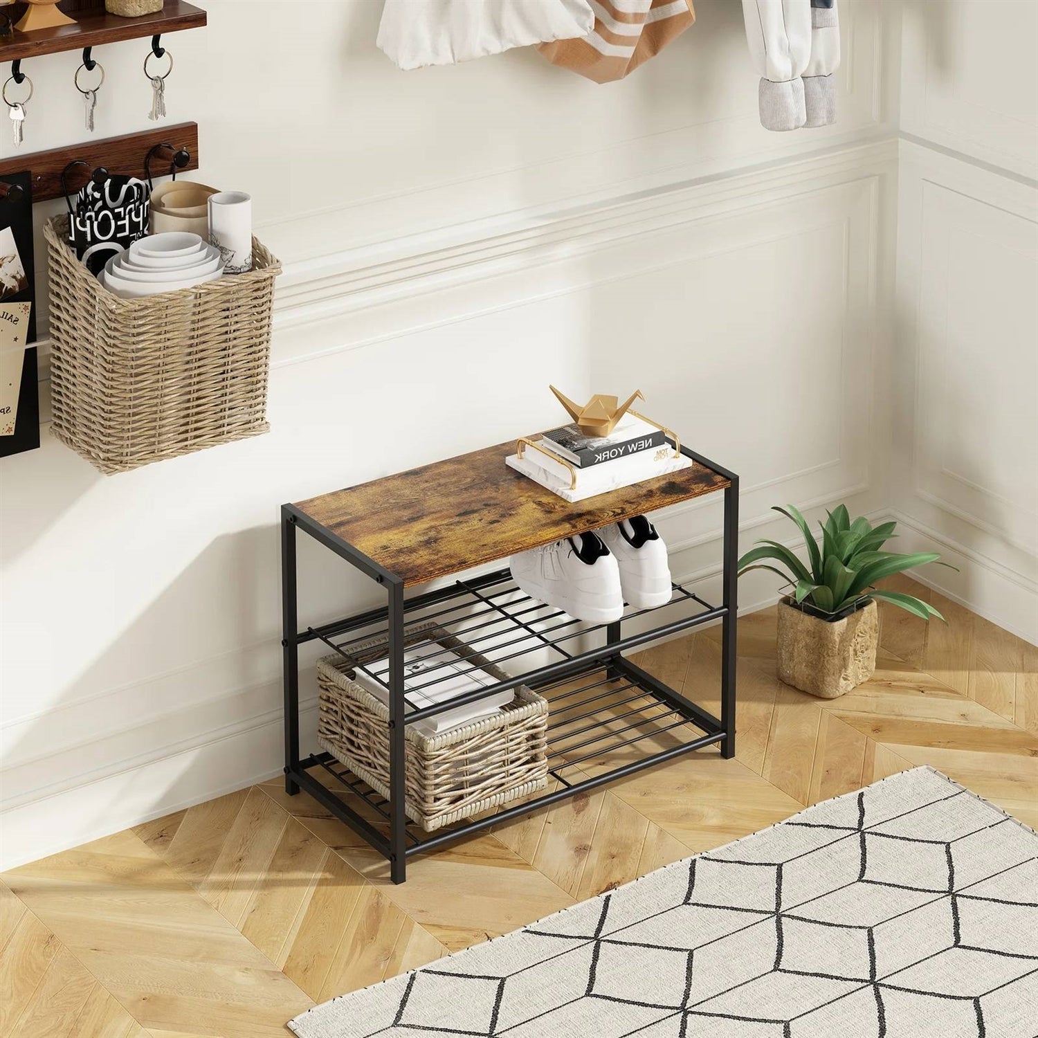 2-Shelf Entryway Shoe Rack Bench — Black Metal & Brown Wood