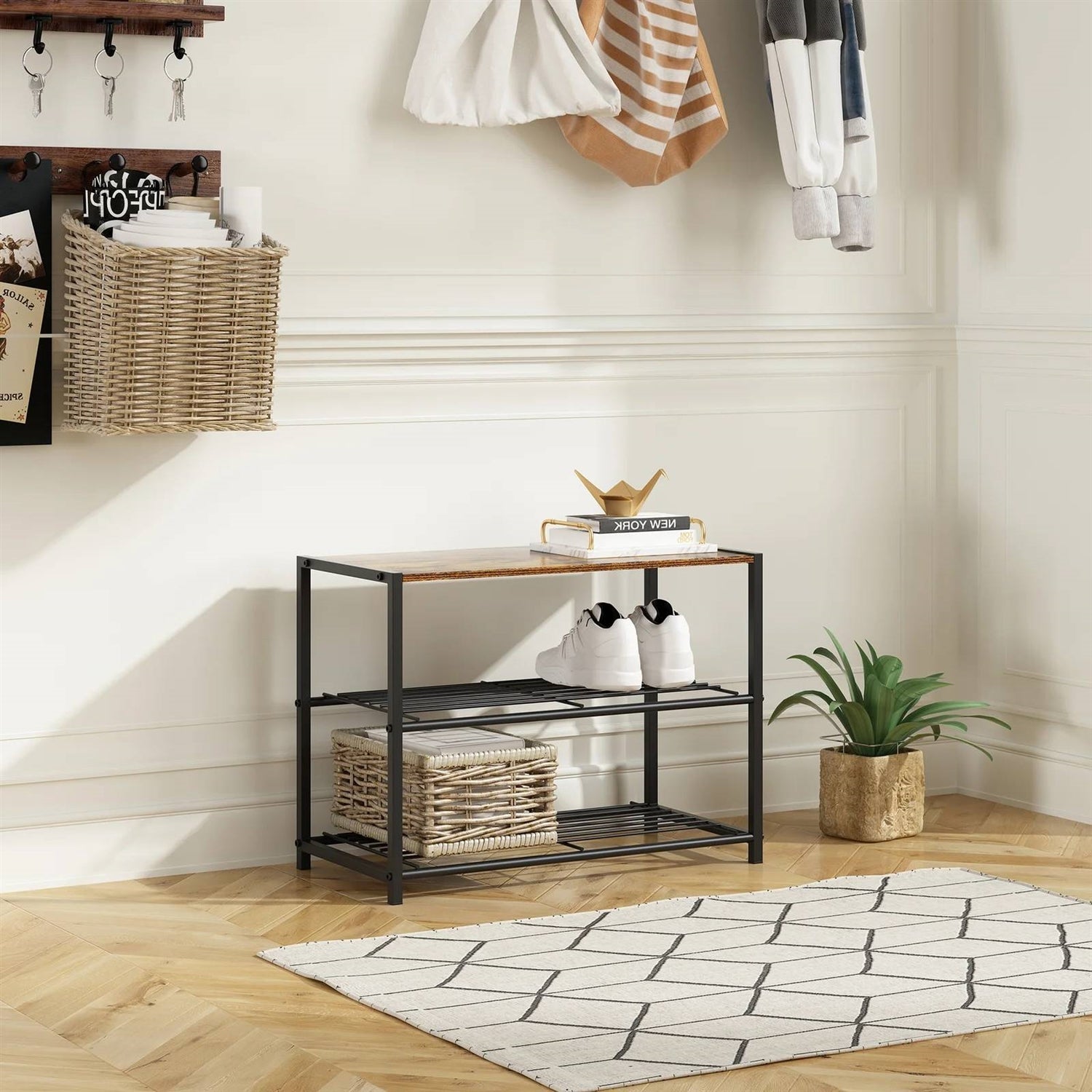 2-Shelf Entryway Shoe Rack Bench — Black Metal & Brown Wood