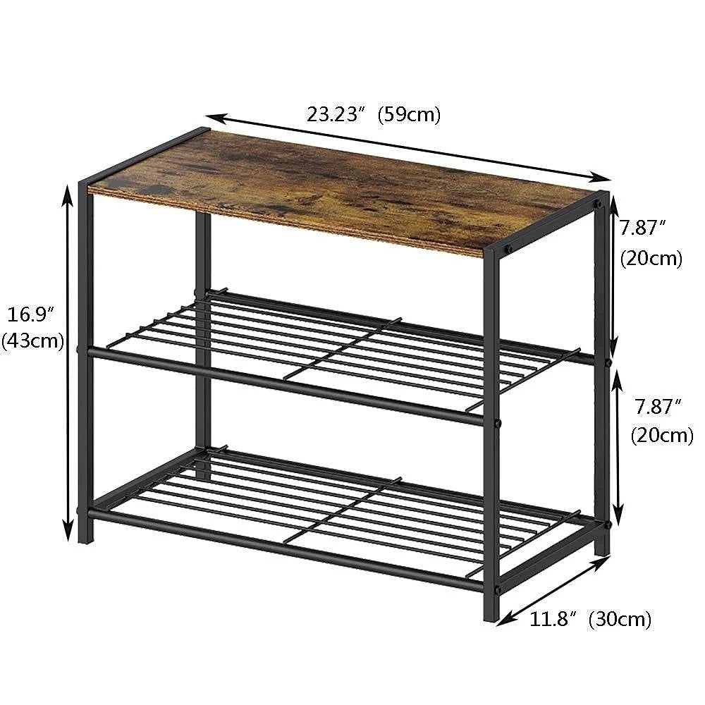 2-Shelf Entryway Shoe Rack Bench — Black Metal & Brown Wood