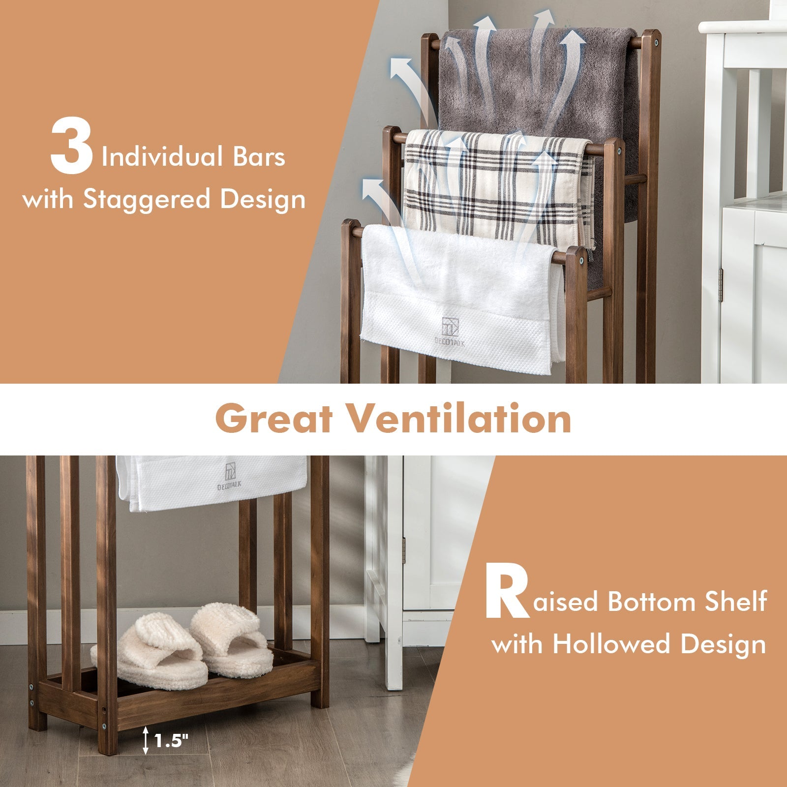 3-Bar Freestanding Towel Rack with Storage Shelf