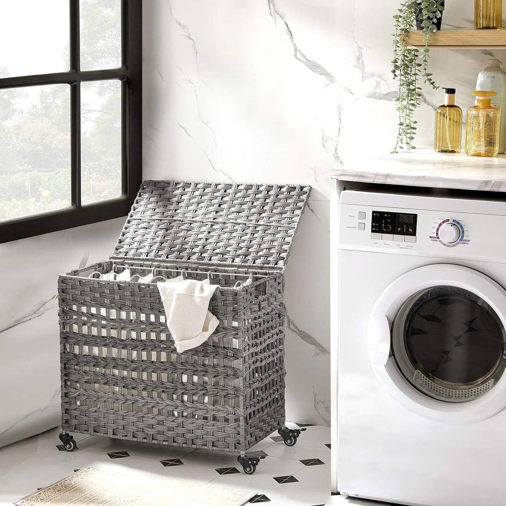 Natural Bamboo 2-Bin Sliding Laundry Hamper with Storage Shelf