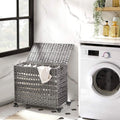 Natural Bamboo 2-Bin Sliding Laundry Hamper with Storage Shelf