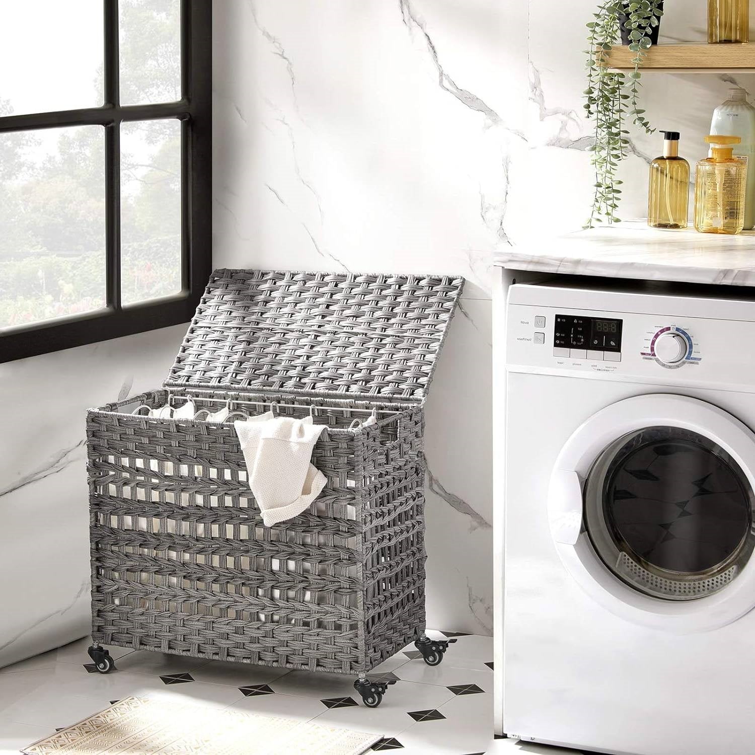 Natural Bamboo 2-Bin Sliding Laundry Hamper with Storage Shelf