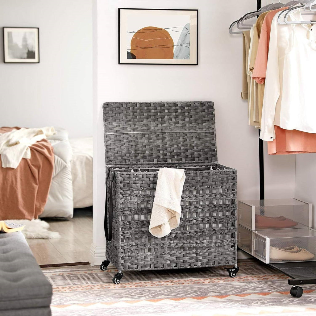 Natural Bamboo 2-Bin Sliding Laundry Hamper with Storage Shelf