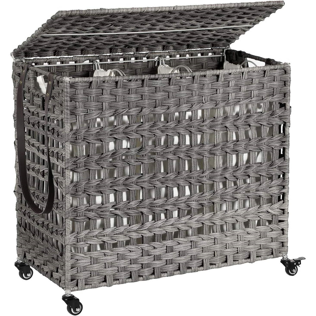 Natural Bamboo 2-Bin Sliding Laundry Hamper with Storage Shelf