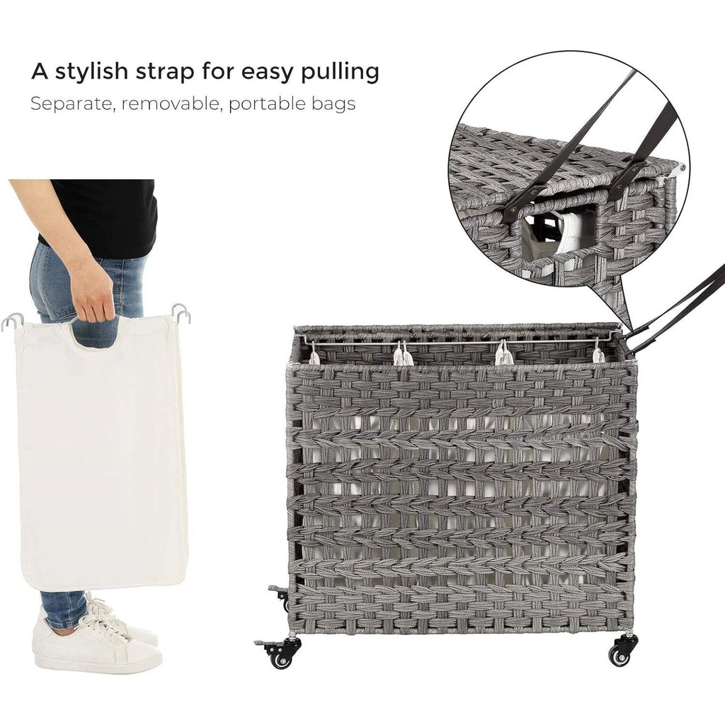 Natural Bamboo 2-Bin Sliding Laundry Hamper with Storage Shelf
