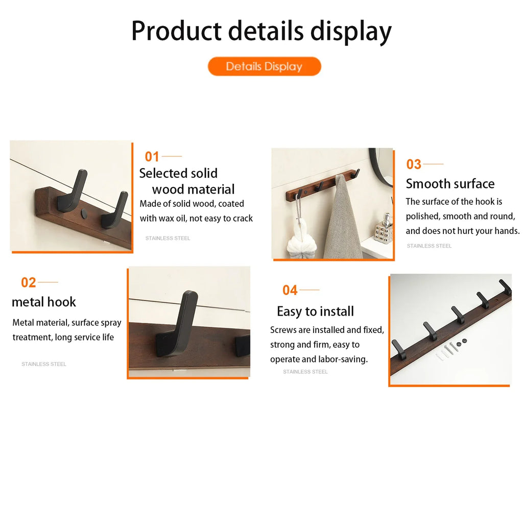 Wall-Mount Coat Rack with Wooden Hooks — Entryway Storage