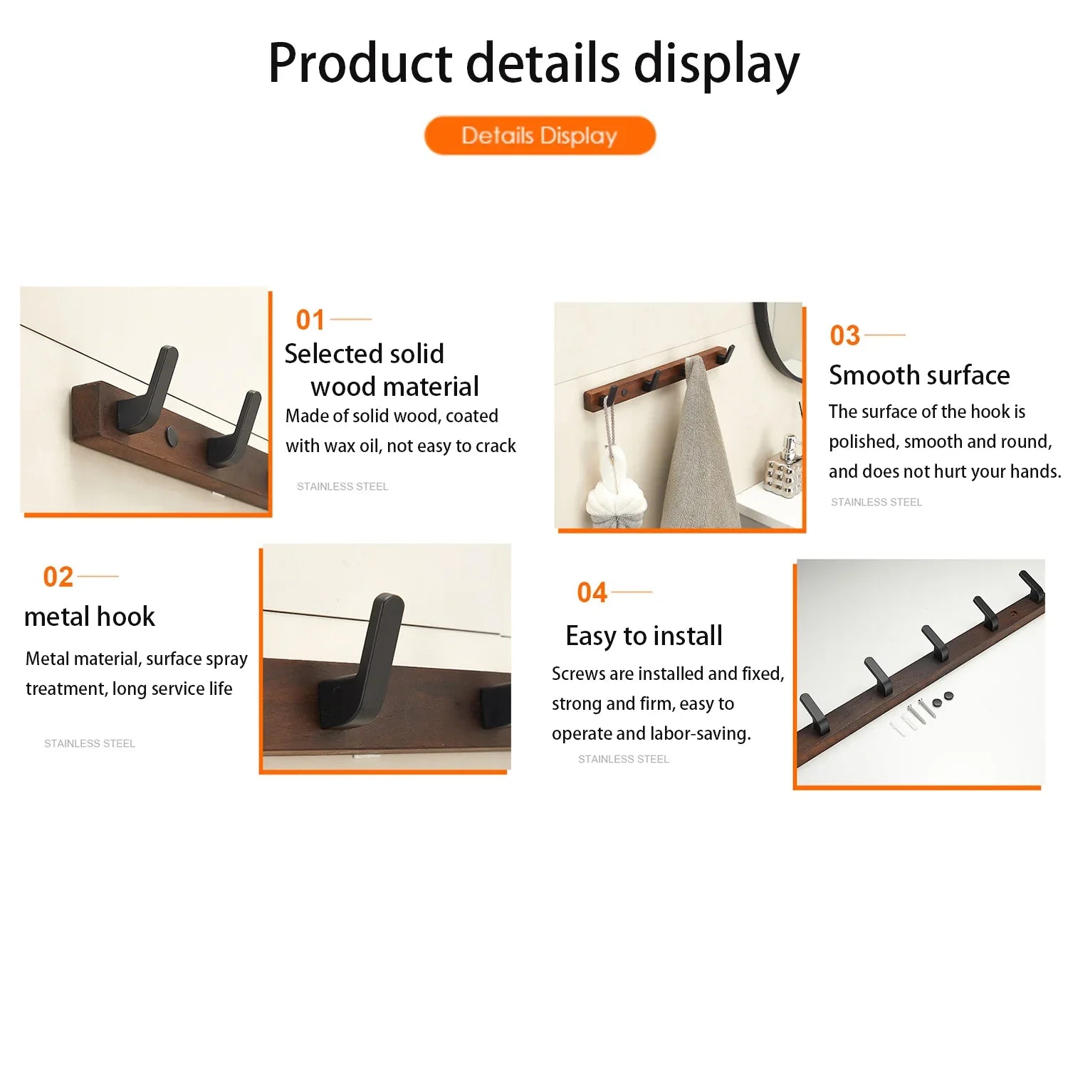 Wall-Mount Coat Rack with Wooden Hooks — Entryway Storage