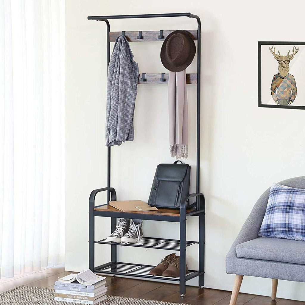Industrial Style Hall Tree — Coat Rack & Shoe Storage Bench