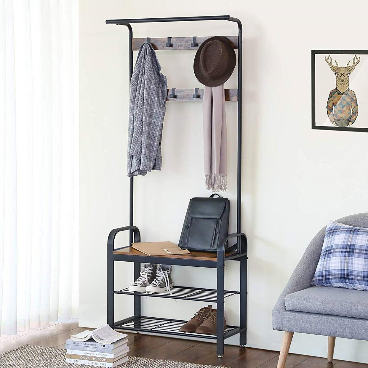 Industrial Style Hall Tree — Coat Rack & Shoe Storage Bench