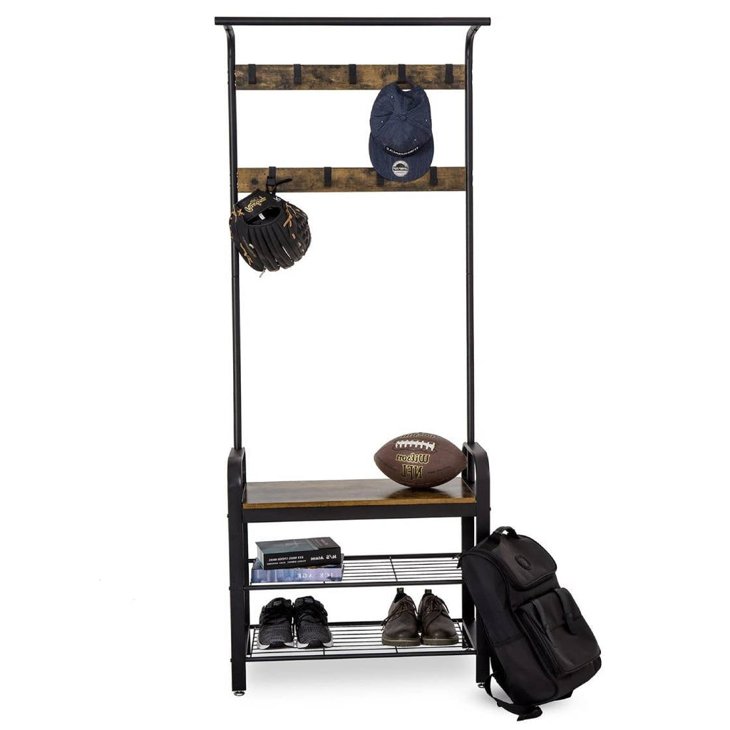 Industrial Style Hall Tree — Coat Rack & Shoe Storage Bench