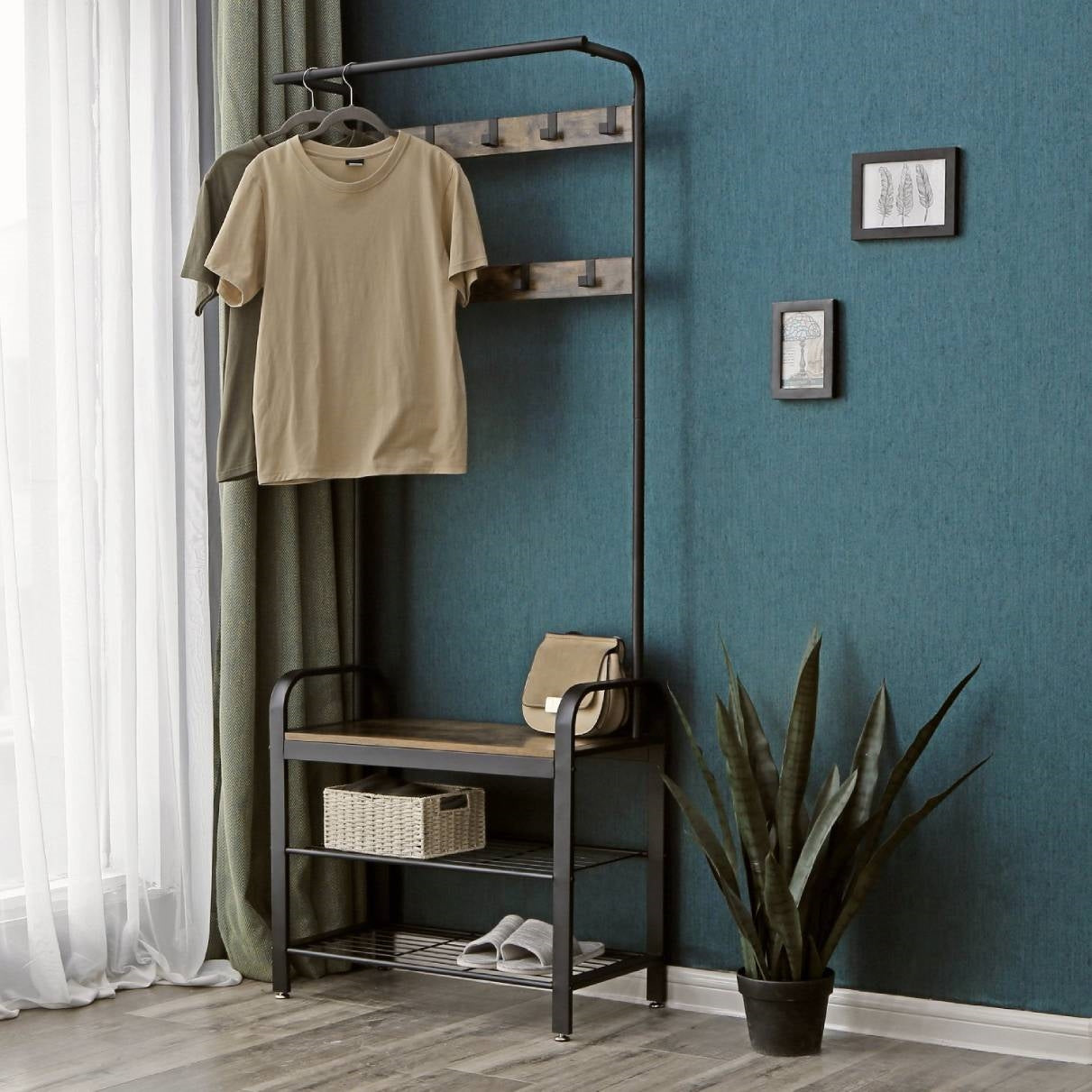 Industrial Style Hall Tree — Coat Rack & Shoe Storage Bench