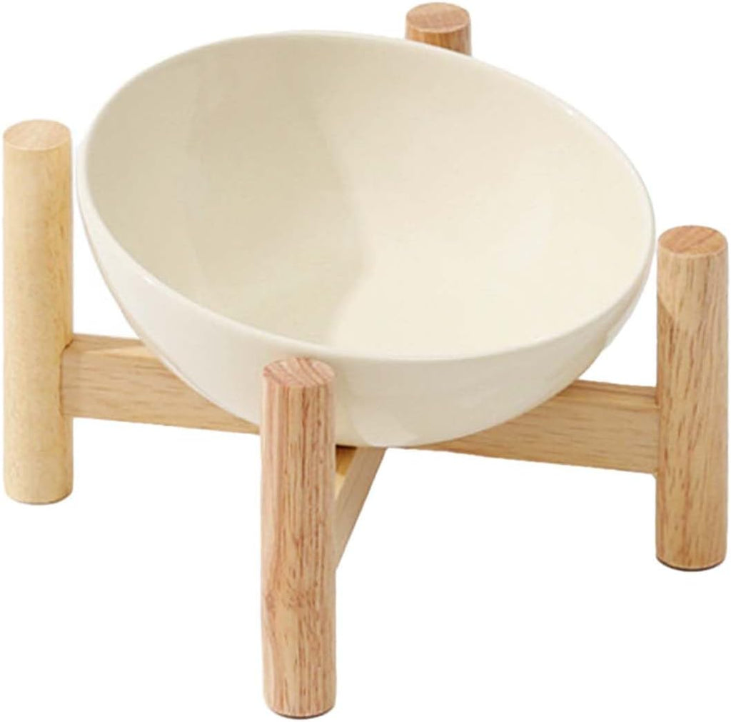 Elevated Ceramic Cat Bowl with Wooden Stand — Anti-Slip