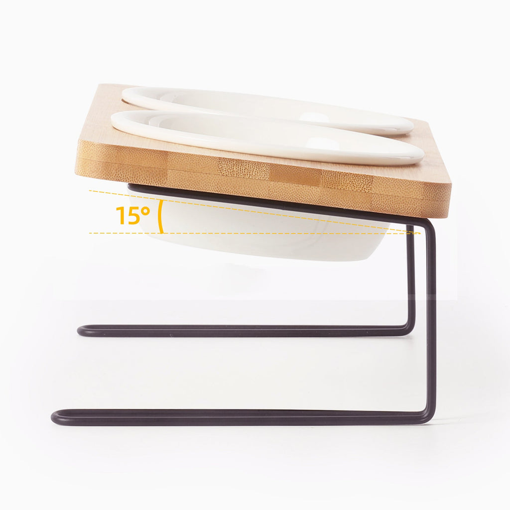 Tall Ceramic Cat Water Bowl with Bamboo & Iron Stand