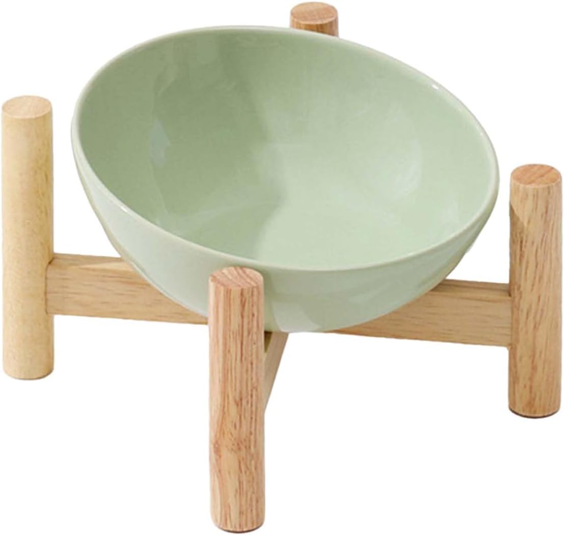 Elevated Ceramic Cat Bowl with Wooden Stand — Anti-Slip