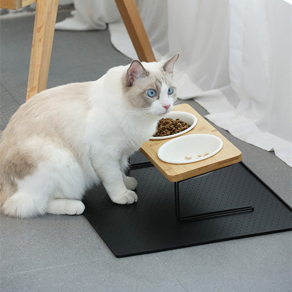 Tall Ceramic Cat Water Bowl with Bamboo & Iron Stand